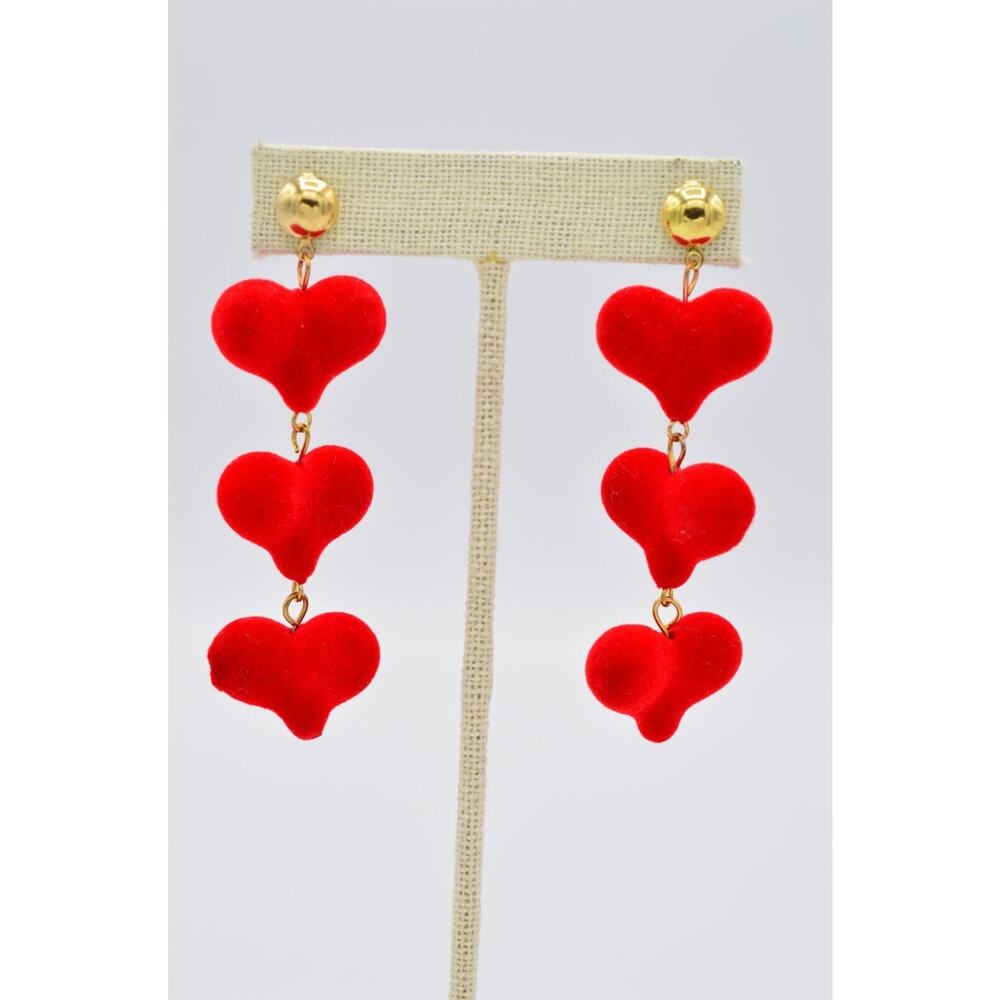 Vintage Red Heart Earrings Dangling Velvet Bright Valentine 1980s BinU